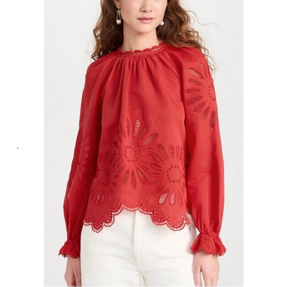 Ulla Johnson | Louisa Red Floral Eyelet Linen Blend Blouse Women’s Sz 6 - Picture 4 of 7